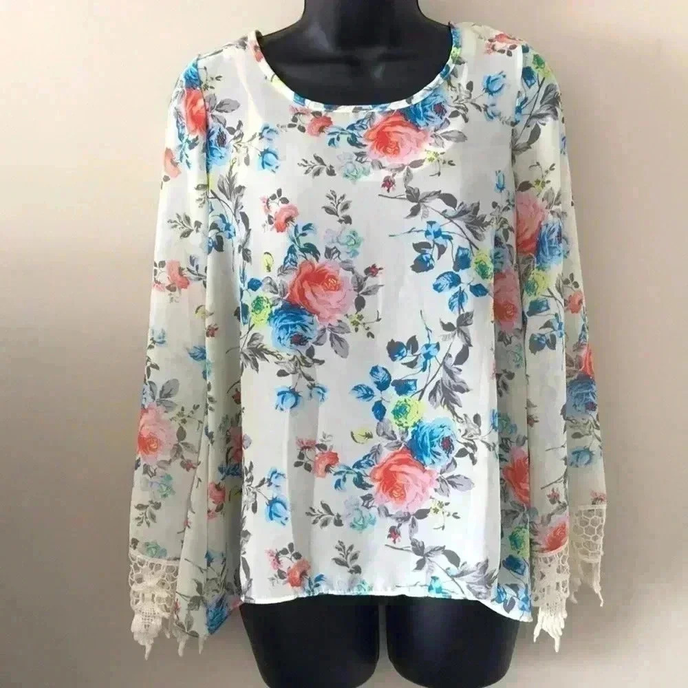 Rue 21 Multicolor Floral Sheer Lace Long Sleeve Blouse—WB02